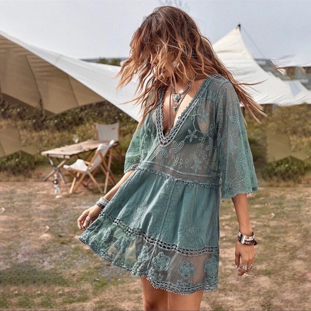 Dolly Boho Crochet Cotton Floral Inlay Lace Mini Dress Beach CoverUp - Picture 4 of 5